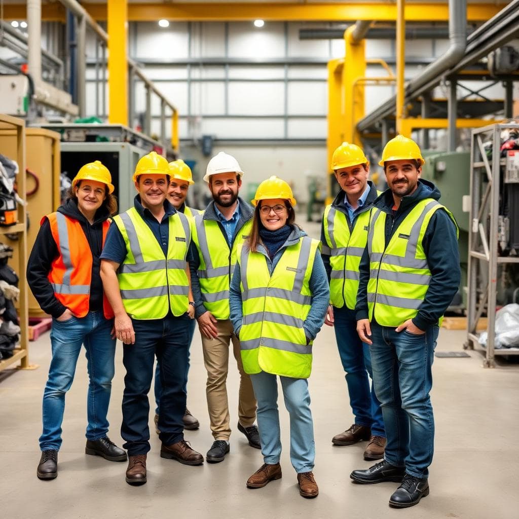 Team of recycling facility workers in safety gear