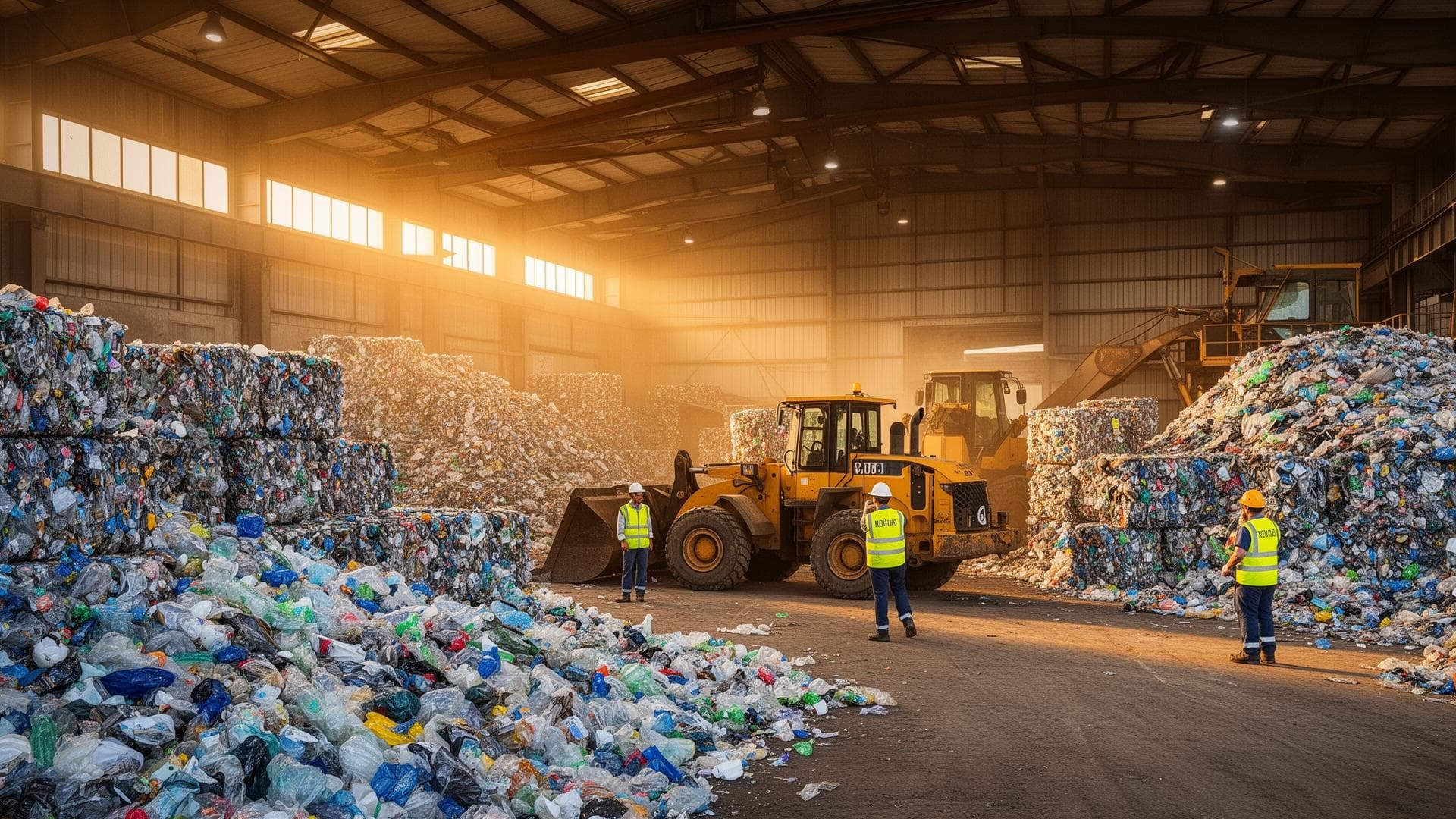 Industrial recycling facility with sorted materials and heavy machinery