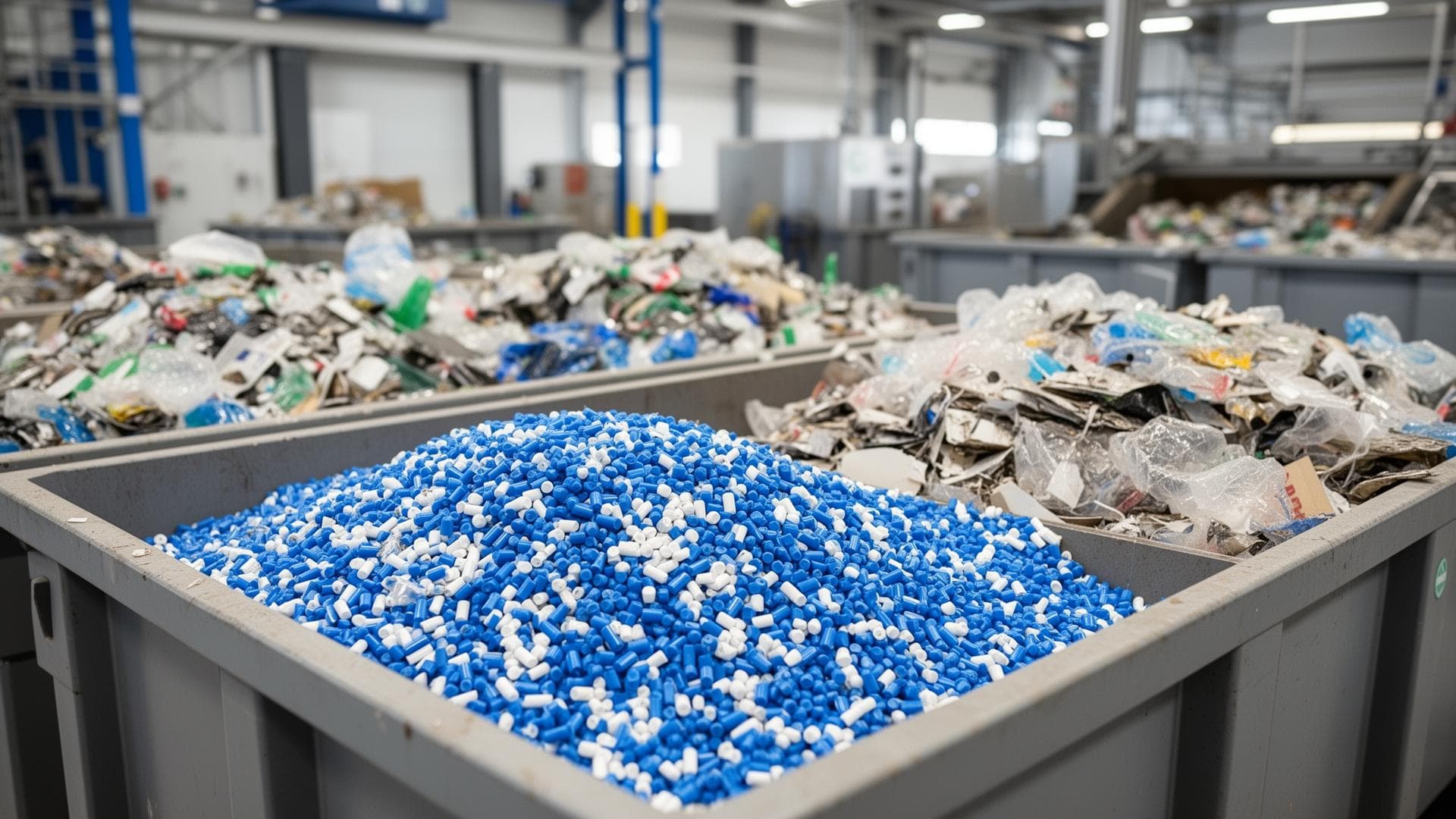 Sorted recycled plastic pellets in industrial bins